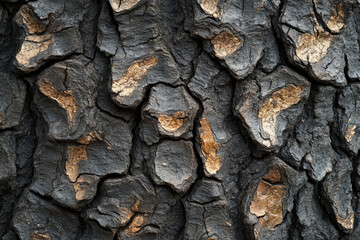 Poster - Close-up of dark, textured tree bark with patches of light brown, showing intricate detail and natural patterns.
