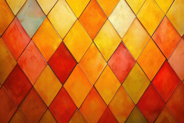 Poster - A vibrant pattern of warm-toned diamond-shaped tiles in shades of orange, red, and yellow.