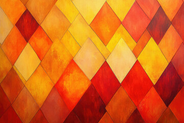 Poster - Abstract artwork featuring a geometric pattern of warm-toned diamond shapes in shades of orange and red.