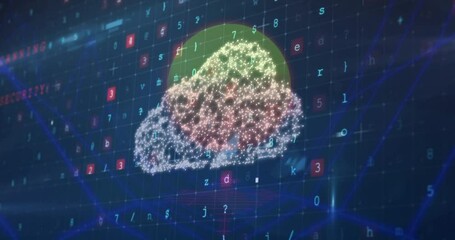 Poster - Digital cloud with binary code and data processing animation on grid background