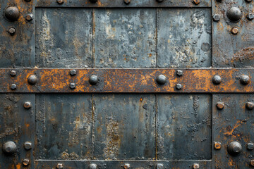 Poster - Rusty metal door with rivets and aged texture, showing signs of wear and time.