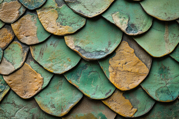 Poster - Close-up of weathered, overlapping scales in teal and gold, creating a textured surface.