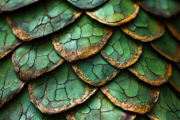 Poster - Close-up of textured, overlapping green and brown scales, resembling reptile or dragon skin.