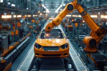 Fototapete - Robotic arms assembling orange electric car in modern automated factory