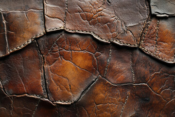 Poster - Close-up of textured, stitched, brown leather with cracks and wear, showing age and patina.