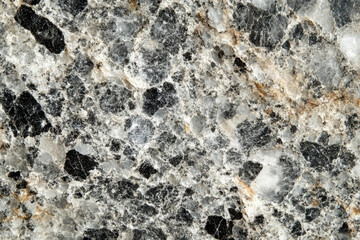 Poster - Close-up view of a gray and black marble stone texture with white veining and speckled patterns.