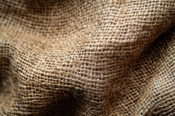 Poster - Close-up view of textured burlap fabric, showcasing its coarse woven fibers and rustic appeal.