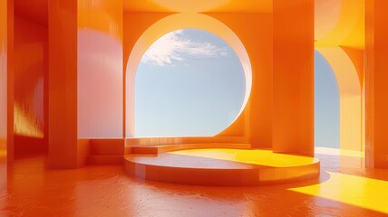 Poster - Explore a vibrant abstract scene featuring a distorted orange cylinder in a stylized interior. The artistic composition offers a serene and modern aesthetic.