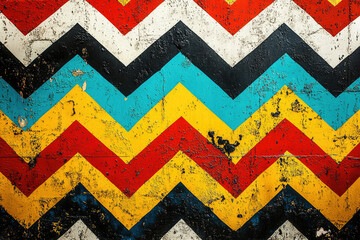 Poster - Vibrant chevron pattern painted on a weathered concrete wall, showcasing bold colors and a distressed texture.