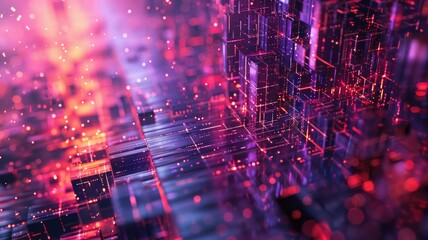 Poster - This abstract image explores the intersection of atomic structures and cyberspace, showcasing a vibrant scene filled with luminous particles and intricate geometries.