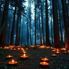 Wall Mural - Candles and diyas in a forest clearing at Kausani Uttarakhand amidst tall trees, candles, trees, serene