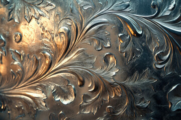 Poster - Intricate silver metalwork with a rich, ornate floral pattern, showcasing exquisite craftsmanship.