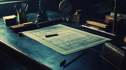 Poster - Detailed Blueprint on Desk with Ruler and Compass Arrangement