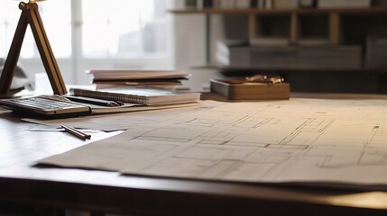 Fototapete - Professional Architect Workspace with Design Plans and Tools