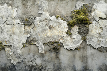 Poster - A weathered concrete wall with cracked plaster and patches of moss.