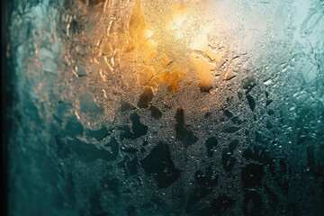 Poster - A close-up shot of condensation on a windowpane, illuminated by warm, ambient light.