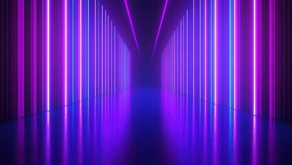 Poster - Vibrant Neon Light Tunnel with Reflections and Recessed Illumination Creating a Dreamlike Atmosphere for Futuristic Background and Visual Concepts