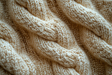 Poster - Close-up of beige cable knit fabric texture, showing intricate details and soft wool fibers.