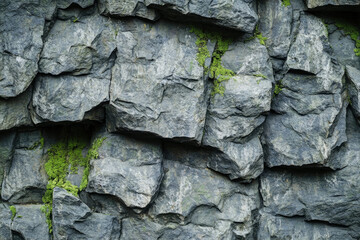 Poster - A rugged stone wall textured with gray rocks and patches of vibrant green moss.