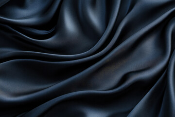 Poster - Luxurious dark blue silk fabric, elegantly draped and flowing, showcasing its smooth texture and rich color.