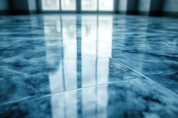 Poster - Shiny, polished tile floor reflecting light from a window, showcasing a clean and modern interior.