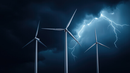 three wind turbines generating clean energy, under a dramatic storm with lightning strikes