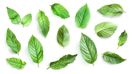 Poster - Tropical leaves frame with mint green with white background. Macro photography of green leaves placed on white background with various pattern. Digital image for botanical and summer design. AIG51.