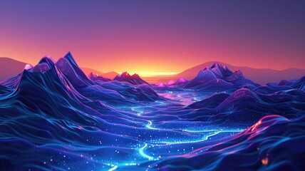 Poster - Explore an abstract cyber mountainous scene at night, featuring vibrant colors and ethereal illumination, creating a surreal and dreamlike landscape that captures the imagination.