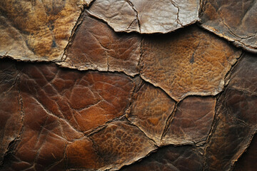 Poster - Close-up of textured, cracked, brown leather patches stitched together, creating a rustic, vintage aesthetic.