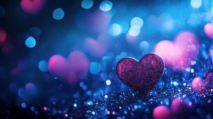 Poster - abstract valentine neon bokeh with radiant blue heart lights and a touch of magical sparkles.