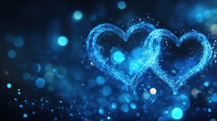 Poster - abstract valentine neon bokeh with radiant blue heart lights and a touch of magical sparkles.