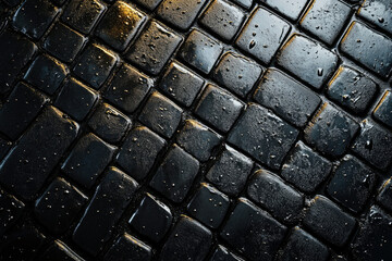 Poster - Wet, dark cobblestone pavement, glistening with raindrops, angled view.