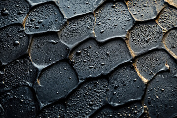 Poster - Close-up of a dark, textured surface with water droplets, resembling cracked earth or scales.