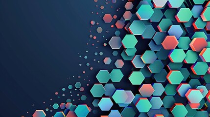 Poster - Geometric hexagon shapes in green and red on a dark background. 3D abstract design with depth and perspective. Background image of geometric shape with vibrant color. Technology innovation. AIG51.