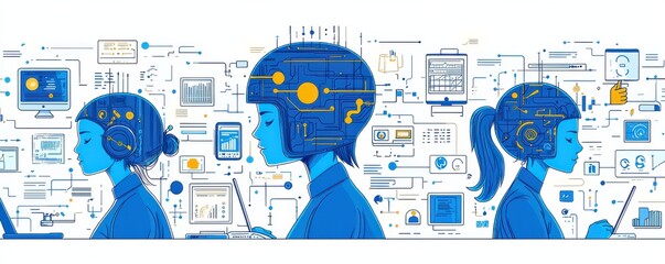 Poster - Coworkers and robot collaborating in a technology-driven office setting