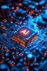 Poster - Artificial intelligence processor chip glowing amidst electronic circuit boards