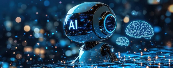 Poster - Orange AI-powered robot concept with futuristic interface and neural network visuals