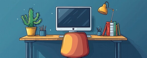 Poster - Illustration of a Woman Working at a Desk in a Minimalist Workspace