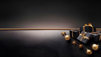 Poster - gift box and christmas decoration on a black background with copy space.