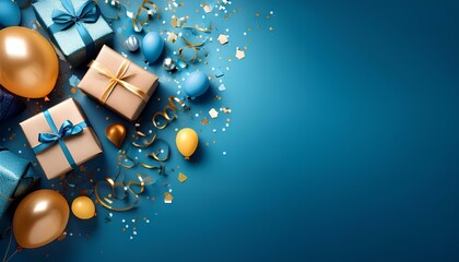 Poster - gift box with balloons and confetti on blue background.