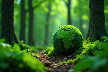 Wall Mural - Green world ball nestled in a wooded clearing, peaceful, serene