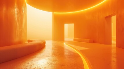 Poster - Explore an abstract, distorted view of a bright orange cylinder in a serene, minimalistic space, featuring smooth textures and warm light.