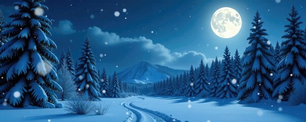 Wall Mural - Snowflakes gently fall on a serene forest landscape at night under full moon's pale light, snow-covered, winter, landscape