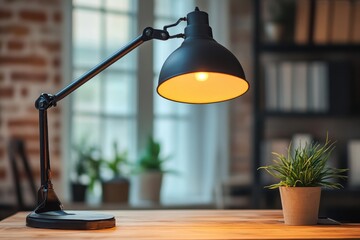 Poster - Desk lamp illuminating a cozy workspace with a plant on a wooden table indoors