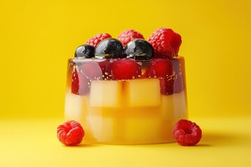 Poster - Colorful fruit jelly dessert with an assortment of berries displayed on a vibrant yellow background