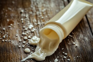Poster - Cream spills from a tube onto a wooden surface, highlighting texture and color in a close-up setting