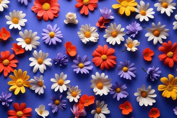 Aufkleber - Colorful arrangement of artificial flowers on a vibrant blue background showcasing creativity and craftsmanship