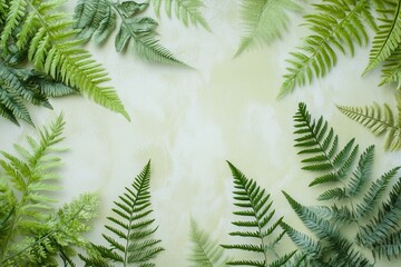 Aufkleber - Green ferns arranged artfully on a soft green background creating a tranquil natural atmosphere