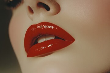 Aufkleber - Close-up of glossy red lips showcasing a bold makeup look with a soft focus background