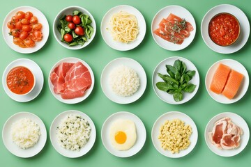 Poster - Culinary preparation of fresh ingredients for a colorful and flavorful meal on a green surface